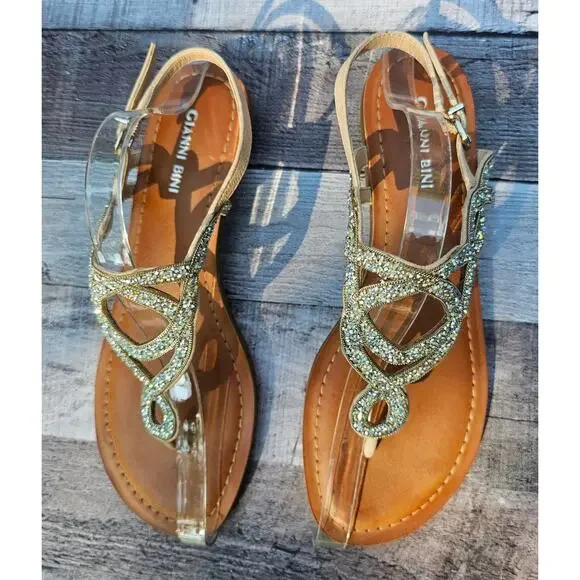 GIANNI BINI Iridescent / Gold Rhinestone Sparkle Sandals Flats Shoes Women's 9 - Picture 2 of 5